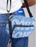 denim crossbody bag with all over logo