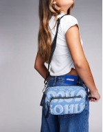 denim crossbody bag with all over logo