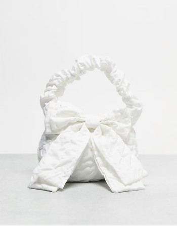 bow detail grab bag in white satin