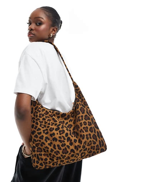 large nylon shoulder bag in leopard print