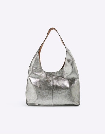 leather metallic slouch bag in silver
