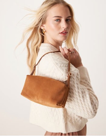 suede buckle boxy shoulder bag in tan