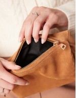 suede buckle boxy shoulder bag in tan