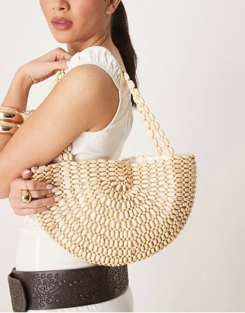 beaded half moon shoulder bag in cream