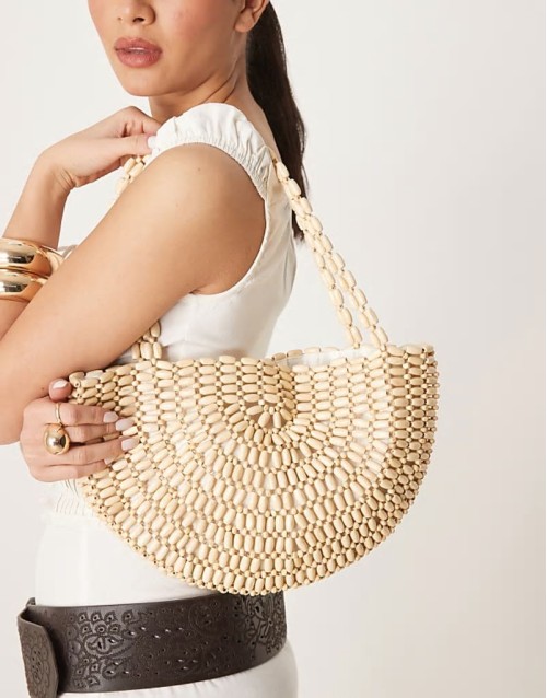 beaded half moon shoulder bag in cream