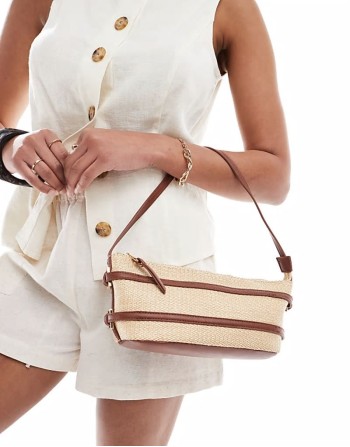 straw shoulder bag with tan strapping detail
