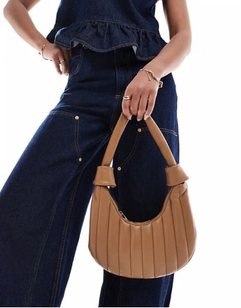 Huge Discount quilted stripe detail scoop shoulder bag in tan