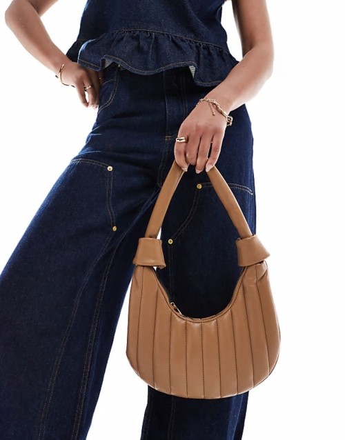 Huge Discount quilted stripe detail scoop shoulder bag in tan