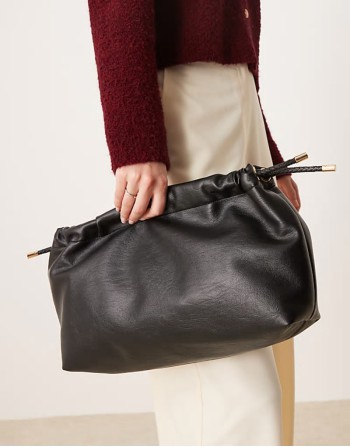 ruched top clutch bag with plait ties in black