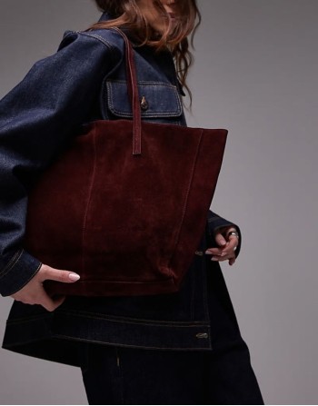 suede shoulder tote bag in burgundy