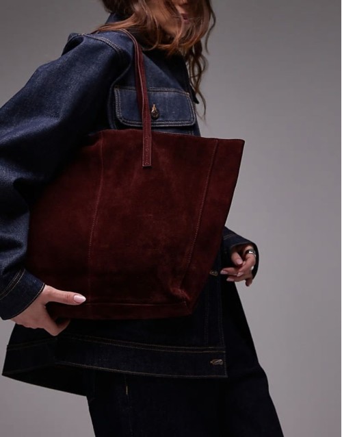 suede shoulder tote bag in burgundy