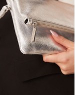 leather foldover metallic clutch in silver
