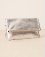 leather foldover metallic clutch in silver