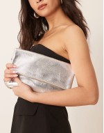 leather foldover metallic clutch in silver