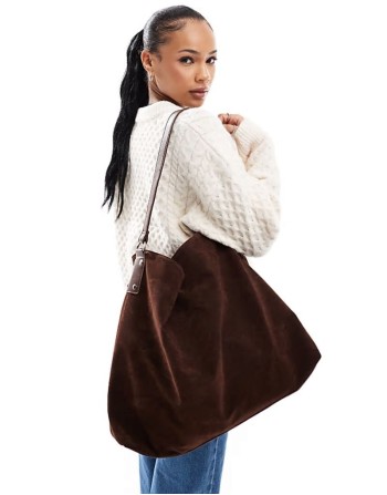 large faux suede tote bag in dark brown