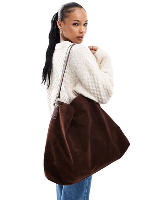large faux suede tote bag in dark brown