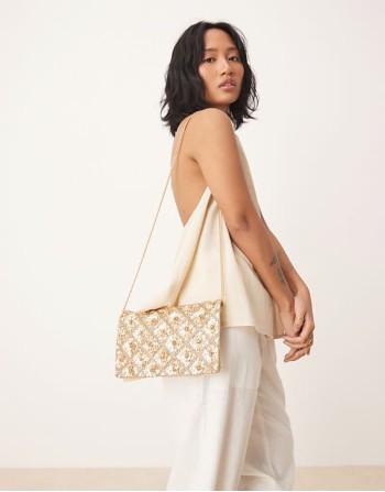 Tianna floral embellished foldover clutch bag in gold