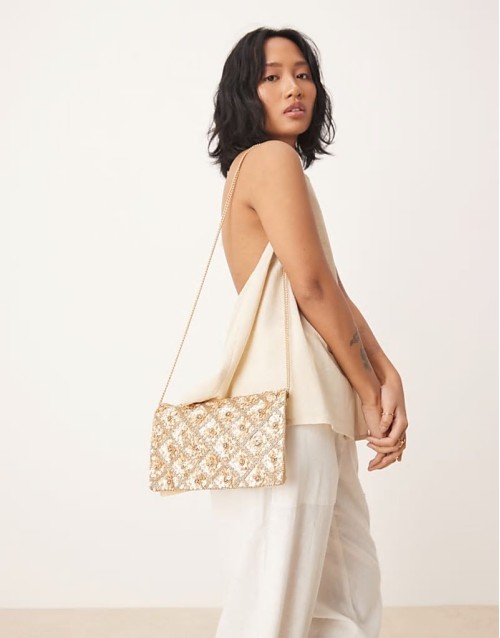 Tianna floral embellished foldover clutch bag in gold