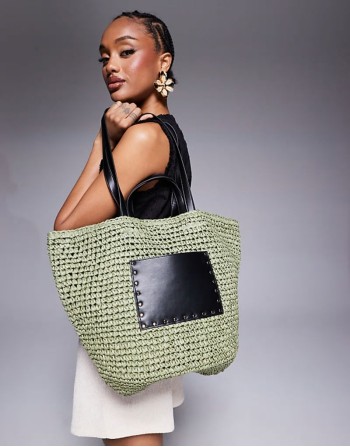 straw shoulder tote bag with PU panel in olive green
