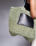 straw shoulder tote bag with PU panel in olive green