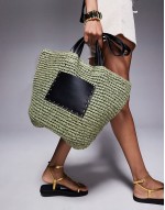 straw shoulder tote bag with PU panel in olive green
