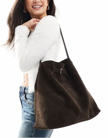 suede buckle detail tote bag in chocolate